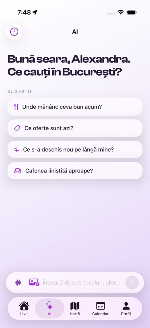 Asistentul AI din zumibo, cu întrebări sugerate despre oraș